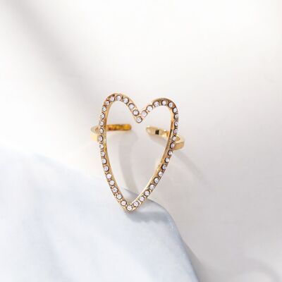 Heart adjustable golden ring with rhinestones