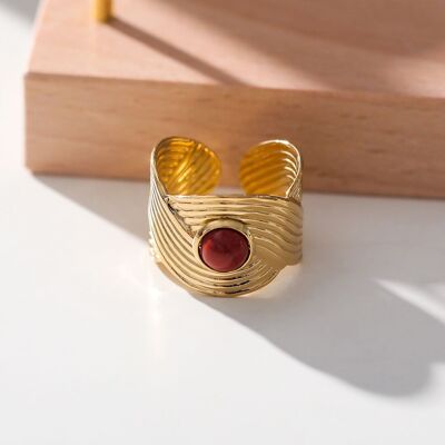 Adjustable golden braid ring with burgundy stone