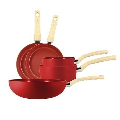 Set 5 pièces magenta
casserole poêle wok
en aluminium induction