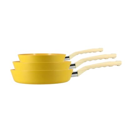 Juego de 3 sartenes con azafrán.
aluminio compatible
inducción 20/24 y 28cm