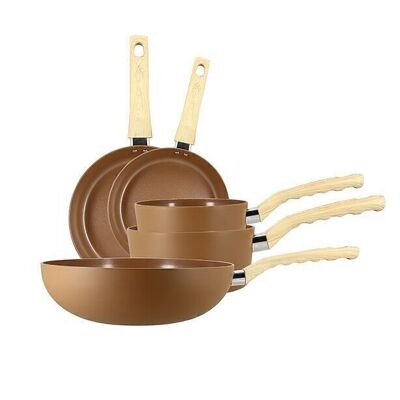 Set 5 pièces noisette
casserole poêle wok
en aluminium induction