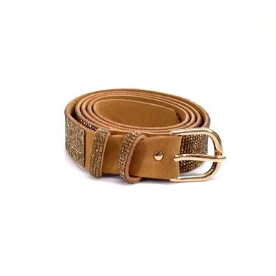 Leather belt with rhinestones - Cognac