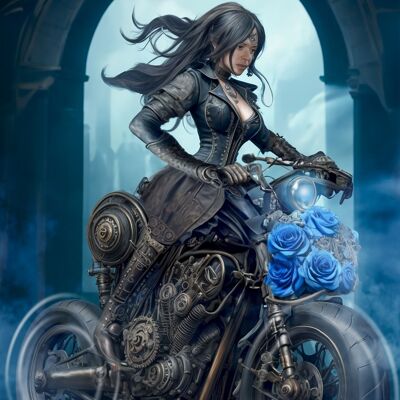 Chica de motocicleta steampunk