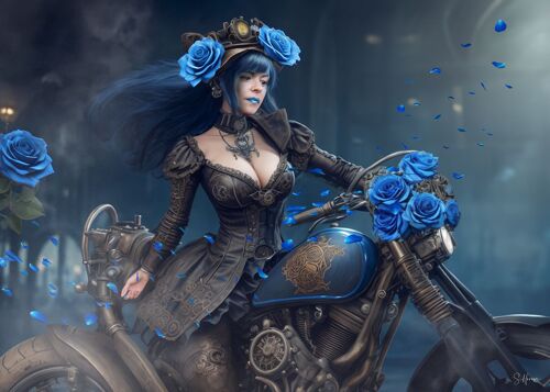 moto girl rose bleue steampunk