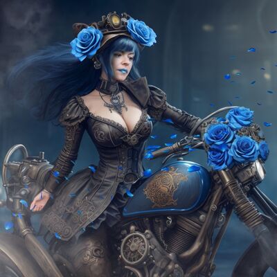 motorcycle girl pink blue steampunk