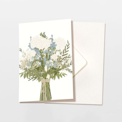 Carte pliée avec enveloppe bouquet bleu blanc, certifiée FSC