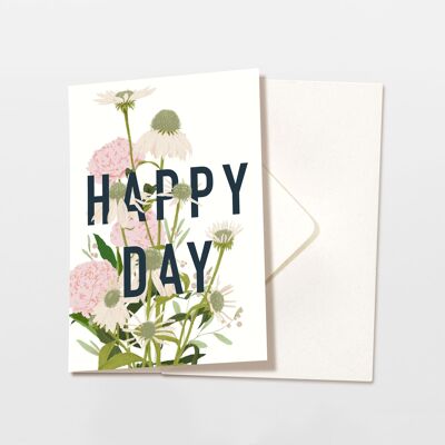 Carte pliée avec enveloppe Happy Day avec fleurs roses, certifiée FSC