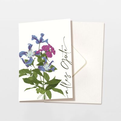 Carte pliée avec enveloppe tout le meilleur avec des fleurs violettes, certifiée FSC