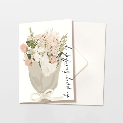 Folded card with envelope happy birthday with pink flowers, FSC certified