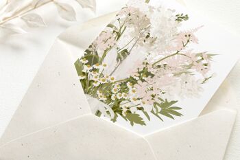 Carte pliée avec enveloppe merci avec fleurs roses et noeud, certifiée FSC 2