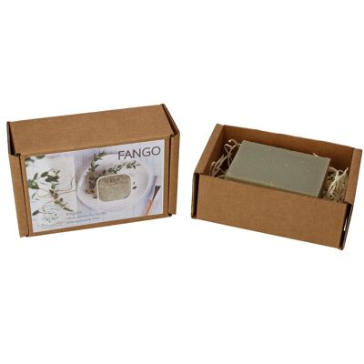 Jabón de fango elaborado con aceite de coco en caja de regalo