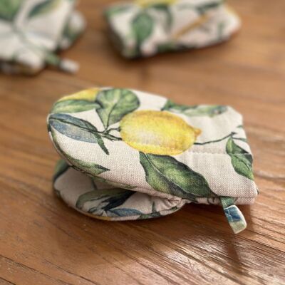 Oven Glove Small with Double Wool Filling, Linen-Cotton Mix, Printed | Lemon Linen