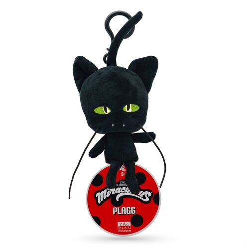 Miraculous Ladybug - Kwami  PLAGG, peluche chat noir pour enfants  - 12 cm - Peluche super douce - A collectionner - Avec yeux pailletés brodés - Mousqueton assorti  
 - Réf : M13017