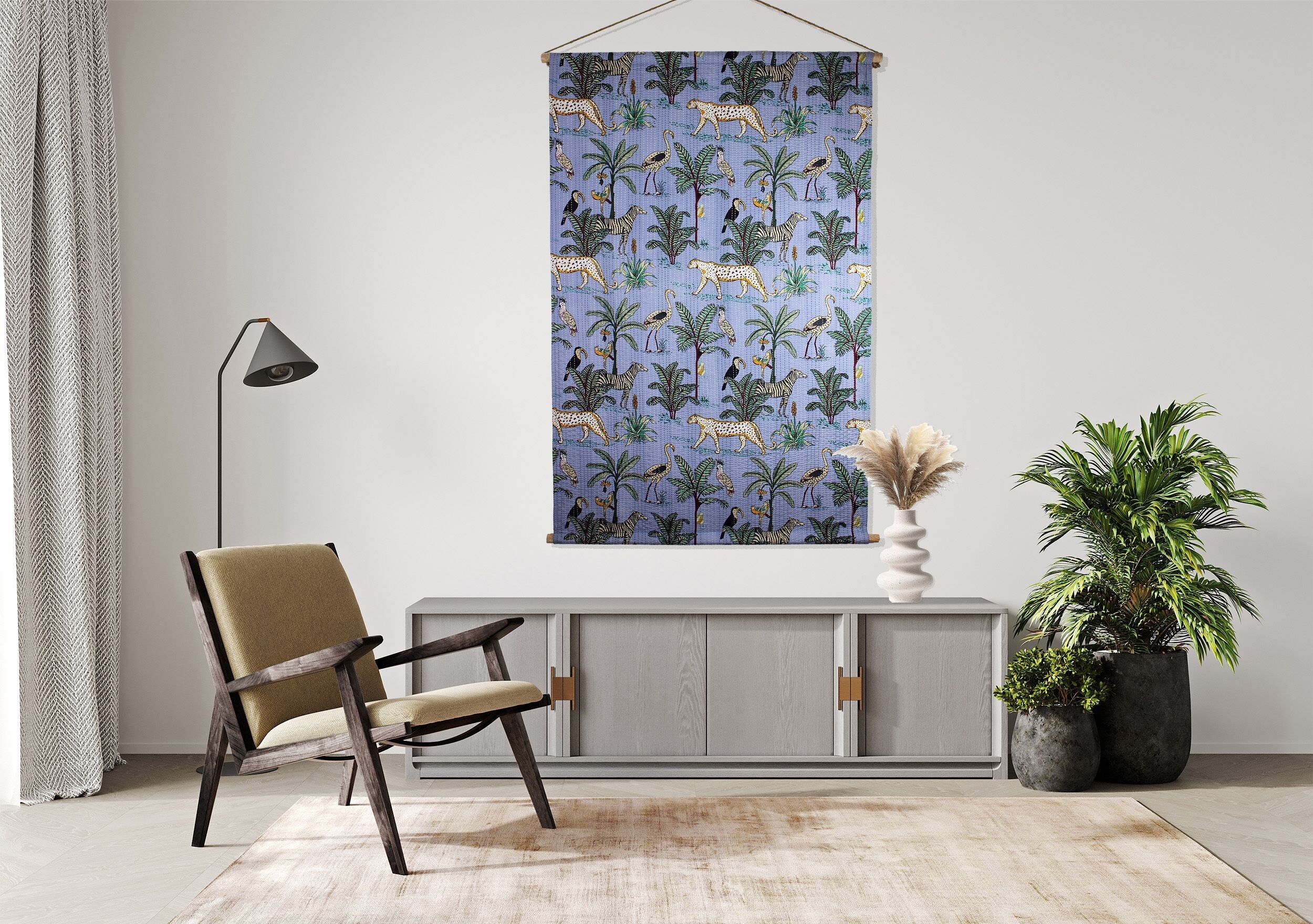 Wandbehang mit afrikanischen Tiermotiven auf Mangoholz