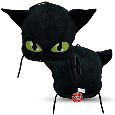 Miraculous Ladybug - Huggie Hideaway Plagg- 40cm Plush Pillow - Extra Soft Plush Toy - for Children - with a Large Secret Zippered Pocket on the Back - Color Black (Wyncor) - Ref: M13030