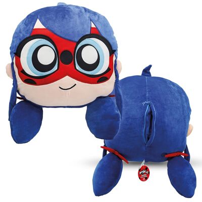 Miraculous Ladybug - Huggie Hideaway Ladybug - Almohada de Peluche de 40cm - Peluche Extra Suave - para Niños - con un Gran Bolsillo Secreto con Cremallera en la Parte Posterior - Color Azul (Wyncor) - Ref: M13031