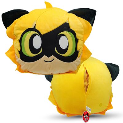 Miraculous Ladybug - Huggie Hideaway Cat Noir - 40cm Plush Pillow - Extra Soft Plush Toy - for Children - with Large Secret Zippered Pocket on the Back - Color Yellow (Wyncor) - Ref: M13032