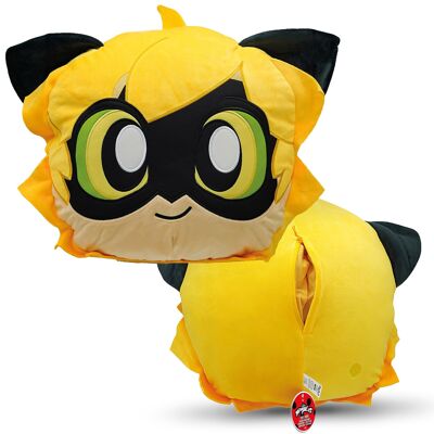 Miraculous Ladybug - Huggie Hideaway Chat Noir - Oreiller en Peluche de 40cm - Jouet en Peluche Extra Douce - pour Enfants - avec Une Grande Poche secrète à Fermeture éclair à l'arrière - Couleur Jaune (Wyncor) - Réf : M13032