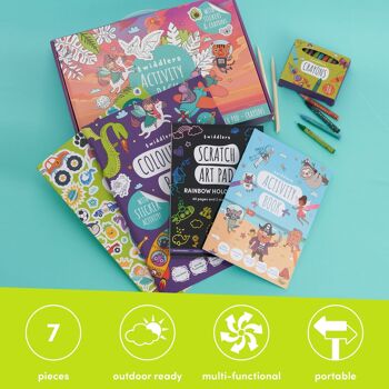 Pack d'activités de voyage pour enfants - Bloc-notes + stylos à gratter en bambou, livre d'activités, livre de coloriage, livre d'autocollants et 36 crayons - Jouets et jeux de voyage 5