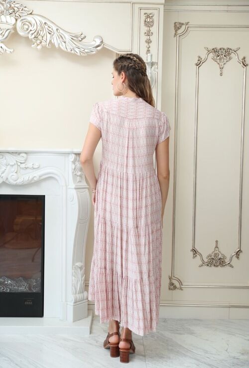Robe longue style chemise imprimée coupe ample à fronces