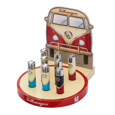 VOLKSWAGEN, Metal Lighter, Display of 8 Pieces, Cylindrical, Electronic, Gas Refillable, Original, Blue, Green, Red, Height 8 cm