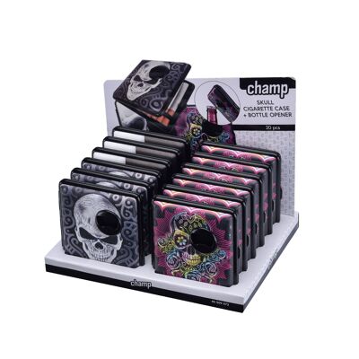 Display of 12 skull cigarette cases + bottle opener