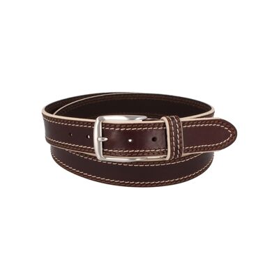 Men's leather casual belt with light stitching dark brown