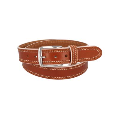 Men's leather casual belt with light stitching in cognac brown
