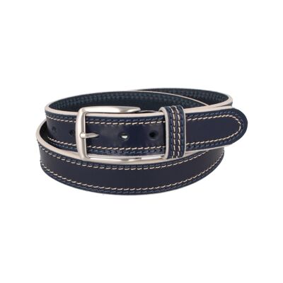 Men's leather casual belt with light navy blue stitching