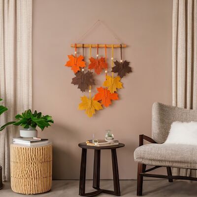 Arte de hoja de macramé, decoración de otoño, hoja de otoño, tapiz de pared moderno, decoración de dormitorio, arte de pared de madera flotante