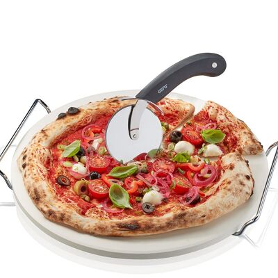 Pizzastein mit Gestell + Pizzaschneider DARIOSO, rund