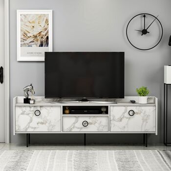Meuble TV bas Büsra aspect bois et marbre blanc 3 portes 184x63x37 cm 2
