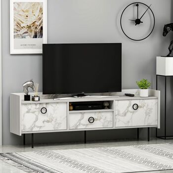 Meuble TV bas Büsra aspect bois et marbre blanc 3 portes 184x63x37 cm 3