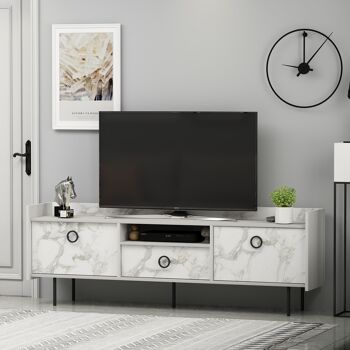 Meuble TV bas Büsra aspect bois et marbre blanc 3 portes 184x63x37 cm 4