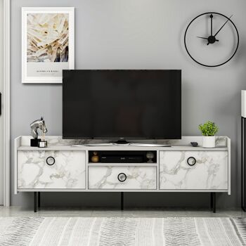 Meuble TV bas Büsra aspect bois et marbre blanc 3 portes 184x63x37 cm 5
