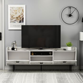 Meuble TV bas Büsra aspect bois et marbre blanc 3 portes 184x63x37 cm 6