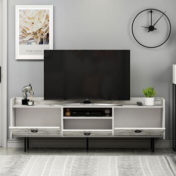 Meuble TV bas Büsra aspect bois et marbre blanc 3 portes 184x63x37 cm 8