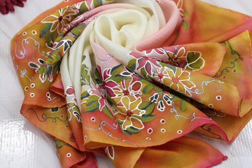 Yellow-Pink Floral Motif Hand-Painted Silk Scarf in Gift Box - Romantic