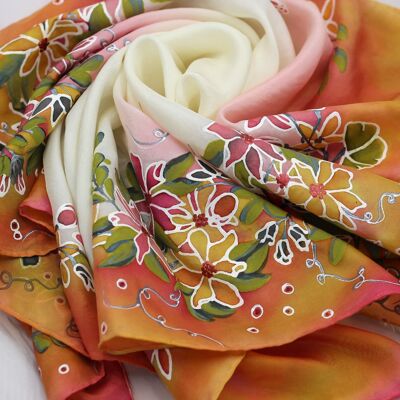 Foulard en soie peint à la main à motif floral jaune-rose dans une boîte cadeau - Romantique