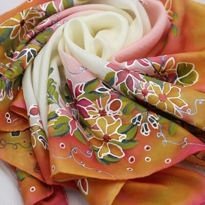 Yellow-Pink Floral Motif Hand-Painted Silk Scarf in Gift Box - Romantic