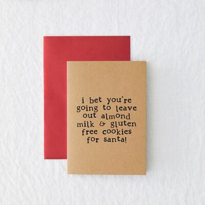 Almond Milk & Gluten Free Cookies - Funny Christmas Greetings Card - Kraft - Eco Friendly  - Vegan