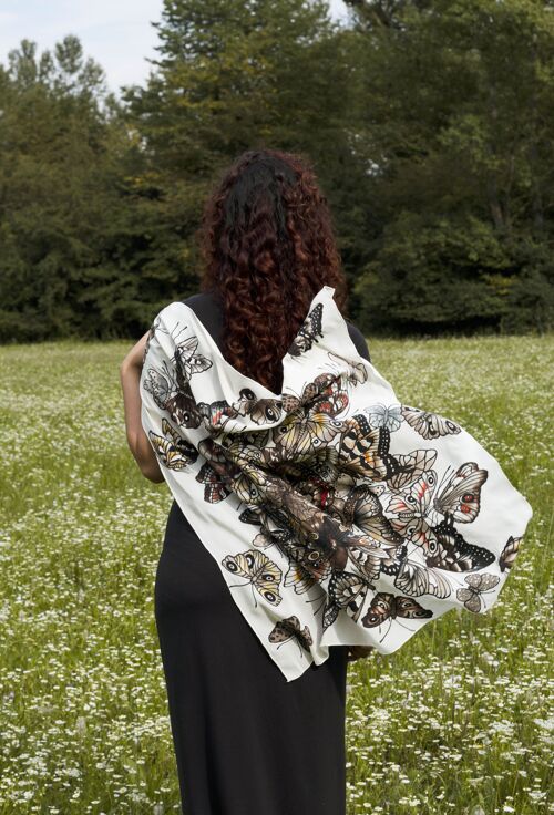 Hand-Painted Silk Scarf with Brown Butterflies in Gift Box