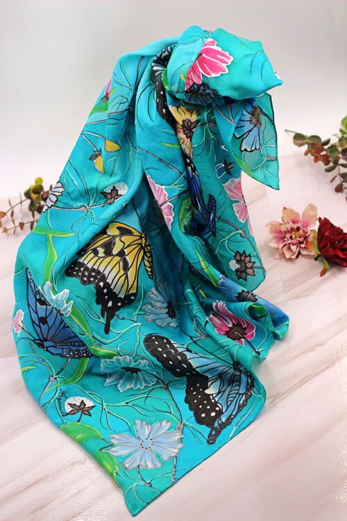 Turquoise Hand-Painted Silk Scarf with  Butterflies in Gift Box