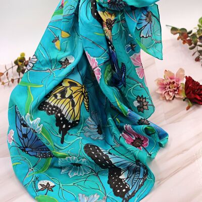 Turquoise Hand-Painted Silk Scarf with  Butterflies in Gift Box