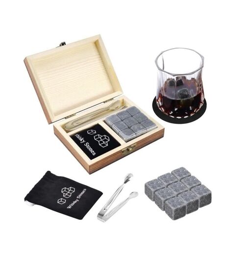 Whiskey Stones Gift Set for Men and Women with Rustic Wooden Crate
