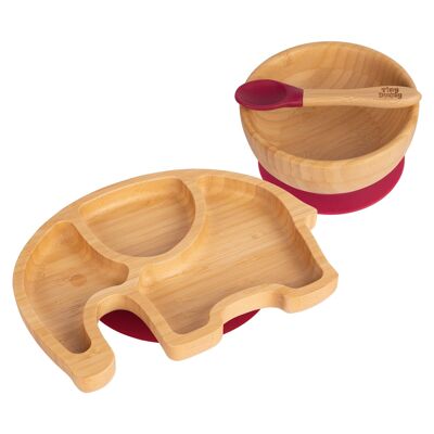 Tiny Dining Plato, cuenco y cuchara de elefante de bambú para niños con ventosas - Rojo