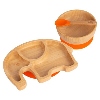 Tiny Dining Elefanten-Teller, Schüssel und Löffel aus Bambus für Kinder mit Saugnäpfen – Orange