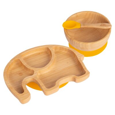 Tiny Dining Plato, cuenco y cuchara de elefante de bambú para niños con ventosas - Amarillo