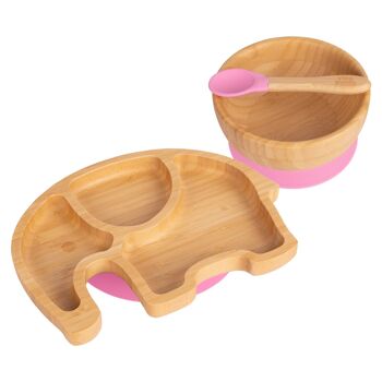 Assiette, bol et cuillère en bambou pour enfants Tiny Dining avec ventouses - Rose 1
