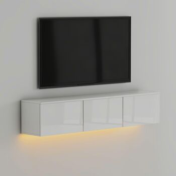 Meuble TV bas Alston blanc brillant éclairage LED 1